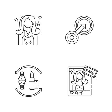 Social media influencer pixel perfect linear icons set. Popular female celebrity. Barter of products. Customizable thin line contour symbols. Isolated vector outline illustrations. Editable stroke