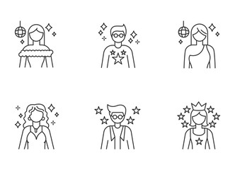 Popular celebrity pixel perfect linear icons set. Famous female and male actors. Talent show star. Customizable thin line contour symbols. Isolated vector outline illustrations. Editable stroke
