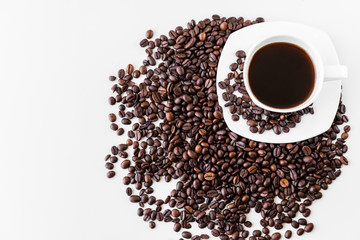 White cup with coffee and saucer, with scattered coffee beans on a white background. Great idea for a cafe, restaurant or cafeteria menu or as a sign.