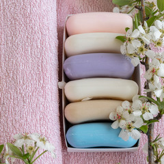Handmade soaps with wild flowers extract. Hygiene, artisanal products
