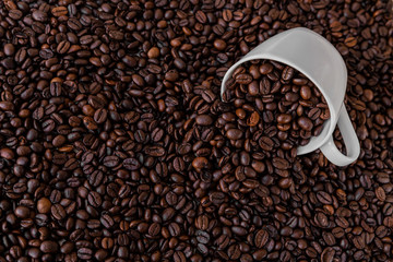Lying white mug with roasted coffee beans everywhere, inside the mug and a lot around it. Great for going to a cafe, restaurant, cafeteria menu or as a sign.