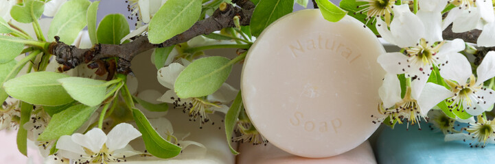 Handmade soaps with wild flowers extract. Hygiene, artisanal products
