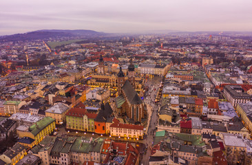 Obraz premium Forest and mountains silhouettes in sunset, Aerial, Poland ski resorts