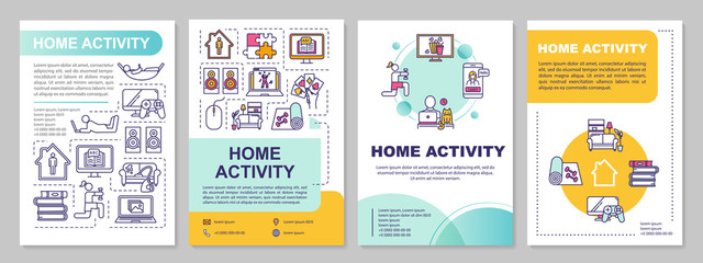 Home activity brochure template. Online education, games and fitness. Flyer, booklet, leaflet print, cover design with linear icons. Vector layouts for magazines, annual reports, advertising posters