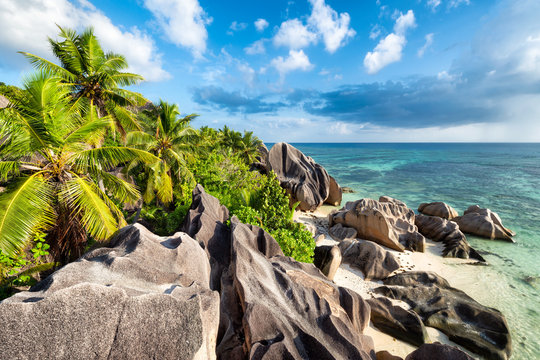Palm trees and rocks on the tropical island of La Digue, Seychelles, Africa © JCB