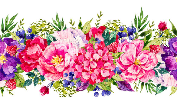 Watercolor botanical illustration. Vintage flower border. Sketch. Botanic. A bright blossom Bouquet of bright pink peony, pink hydrangea, violet flower and different green plants.