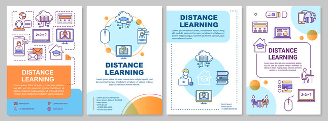 Distance learning brochure template. Quarantine, online education. Flyer, booklet, leaflet print, cover design with linear icons. Vector layouts for magazines, annual reports, advertising posters