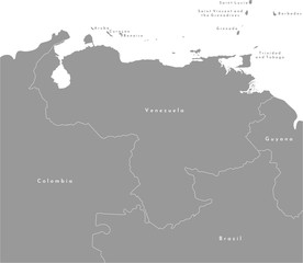 Vector modern illustration. Simplified map of Venezuela in the cener and borders with neighboring countries (Colombia, Brazil, Guyana and etc) in grey color. White background and outline.