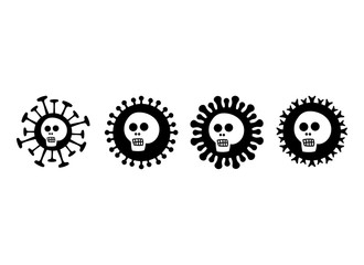 Human skull on the background of a coronavirus molecule. Four options for drawing, icons. Symbol of danger. Vector graphics.