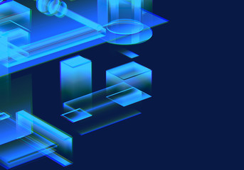 Cyber blue isometric neon city virtual reality background. Abstract technology innovation future digital background. 3d rendering.