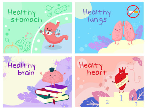 Human healthy organ vector illustration. Cartoon happy heart winner, cute smiling stomach, smart in learning brain on books, happy lungs stop smoking. Funny anatomical organ body character banner set