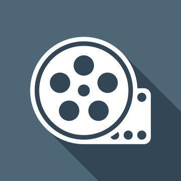 Film roll, old movie strip icon, cinema logo. White flat icon wi