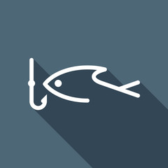 Fishing logo, fish and hook. One line icon, linear symbol. White