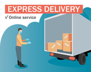 Vector poster with the text "Express delivery" during quarantine. Drawn in the style of flat delivery man at the machine with orders. For stores with delivery, online services, designs for business.