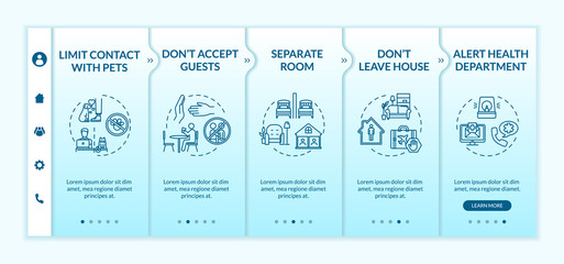 Self-isolation tips onboarding vector template. Staying home, contacts limit, guess accepting prohibition. Responsive mobile website with icons. Webpage walkthrough step screens. RGB color concept