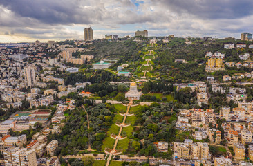 Bahai gardens in Haifa panoramic aerial