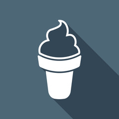 Ice cream in waffle cone. Simple icon. White flat icon with long