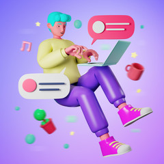 3d illustration cartoon young casual man floating and using computer laptop for working from home or online education learning while quarantine from virus outbreak covid-19. © Sataporn