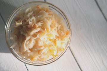 sauerkraut or white fermented cabbage. Canned vegetable food concept. probiotic food for good digestion and gut health. homemade canned cabbage, top view