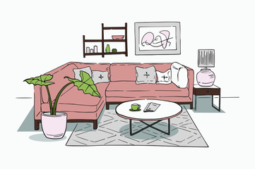 Pastel colors interior illustration of living room. Sofa with pillows, a painting on a wall, house plants in a pot, and a coffee table. 