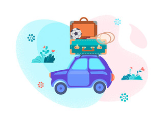 A car with luggage on the roof - a suitcase, badminton racket, soccer ball