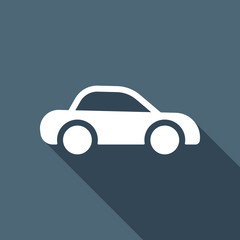 Silhouette of car, small auto icon. White flat icon with long sh
