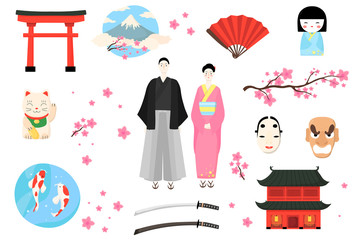 Japan icon, Japanese people vector illustration. Cartoon woman man couple character in traditional costume, girl in kimono, cherry sakura blossom. Flat Japanese culture element set isolated on white