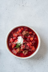 Beetroot soup: Traditional Ukrainian Russian borscht with sour cream