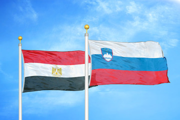 Egypt and Slovenia two flags on flagpoles and blue cloudy sky