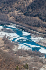 Rivers and lakes in the mountain valley on a Sunny day, view from a height.