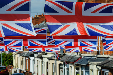 Fototapeta na wymiar Street in Belfast is decorated in Union Flags for the annual 12th July celebrations