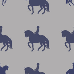 dark blue silhouettes of sports horses and riders isolated on a colored background, pattern for decoration, Equestrian sports