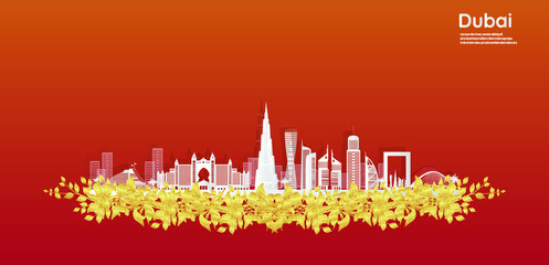 Dubai city in a panoramic view with the city skyline with important landmarks and world famous Vector style paper cut-  illustration Vector