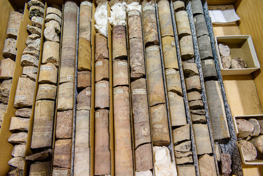 Rock core samples at a geological research laboratory