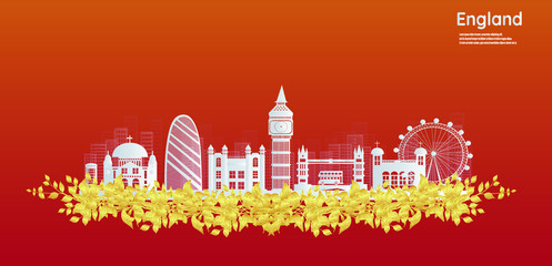 London, England With views of famous landmarks and world-class cities, tourism poster illustrations Paper cutting,Panorama of top world famous landmark of London - vector