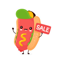 Cute happy smiling hot dog with sale sign