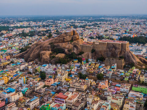 Rock fort in Trichy, India, aerial drone view