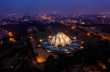 Delhi lotus building at night, India, aerial drone view - obrazy, fototapety, plakaty