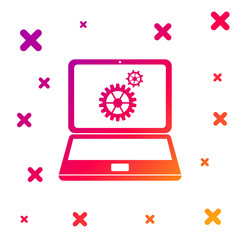 Color Laptop and gears icon on white background. Laptop service concept. Adjusting app, setting options, maintenance, repair, fixing concepts. Gradient random dynamic shapes. Vector Illustration