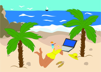 Female freelanc. A girl lies on a beach under palm, whis her laptop, a cocktail, hat and slates. The concept of remote work, work in the open air, study, communication, healthy lifestyle. Vector .