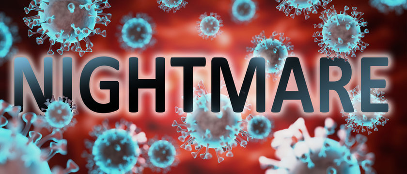 Covid And Nightmare, Pictured By Word Nightmare And Viruses To Symbolize That Nightmare Is Related To Corona Pandemic And That Epidemic Affects Nightmare A Lot, 3d Illustration