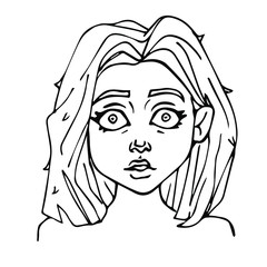 vector hand drawn portrait of a young beautiful surprised girl isolated on a white background. coloring. a frightened woman