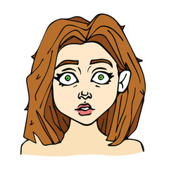 vector hand drawn portrait of a young beautiful surprised girl isolated on a white background. a frightened woman