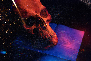 Mystical background with ritual esoteric objects, occultism, fortune telling and Halloween concept....