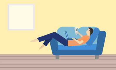 Working from home during COVID-19 concept, man lay on blue sofa with laptop and data sheet on hand.