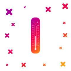 Color Celsius and fahrenheit meteorology thermometers measuring heat and cold icon on white background. Thermometer equipment showing hot or cold weather. Gradient dynamic shapes. Vector Illustration
