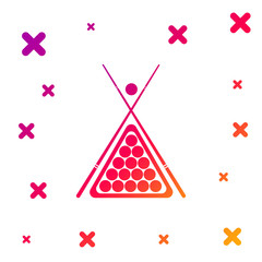 Color Billiard cue and balls in a rack triangle icon isolated on white background. Gradient random dynamic shapes. Vector Illustration