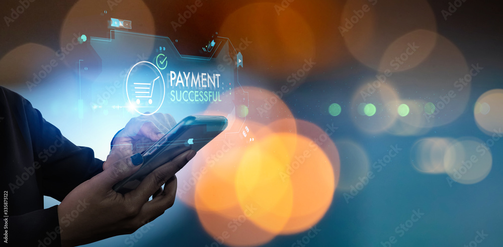 Poster close up of woman hands using mobile smart phone for online payment and banking and online shopping 