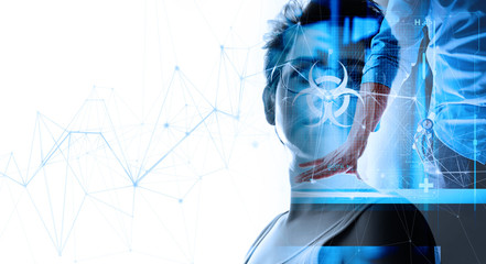 Double exposure of feamle face with medical science doctor working with modern computer in biohazard sign UI at lab or hospital.