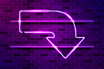 Curved down arrow glowing purple neon sign or LED strip light. Realistic vector illustration